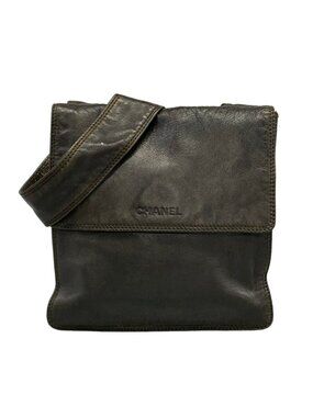 Chanel Shoulder Bag Dark Brown Logo Leather